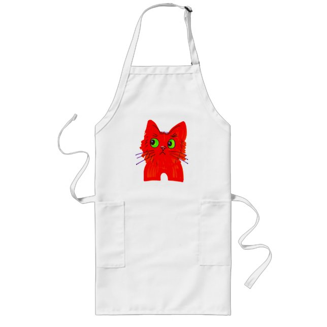 Bright Red Cat — Wide-Eyed Wonder with a Twist Long Apron (Front)