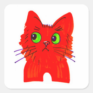Bright Red Cat — Wide-Eyed Wonder with a Twist Square Sticker