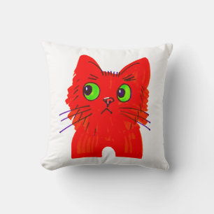 Bright Red Cat — Wide-Eyed Wonder with a Twist Throw Pillow