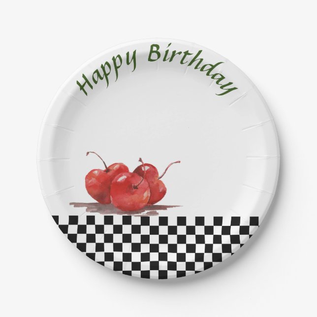 Bright Red Cherries on a Checked Tablecloth 2 Paper Plate (Front)