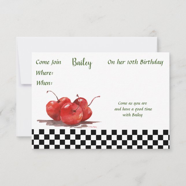 Bright Red Cherries on a Checked Tablecloth   Invitation (Front)