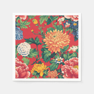 Bright Red Chinoiserie Floral Napkin