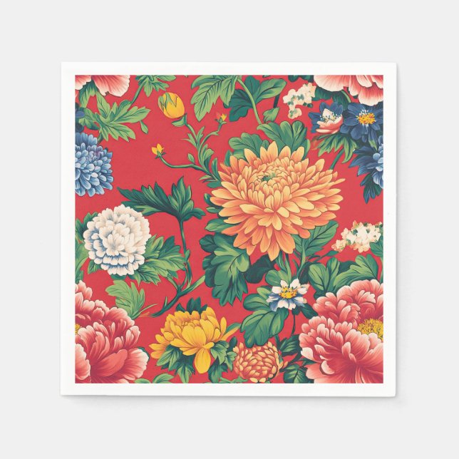 Bright Red Chinoiserie Floral Napkin (Front)