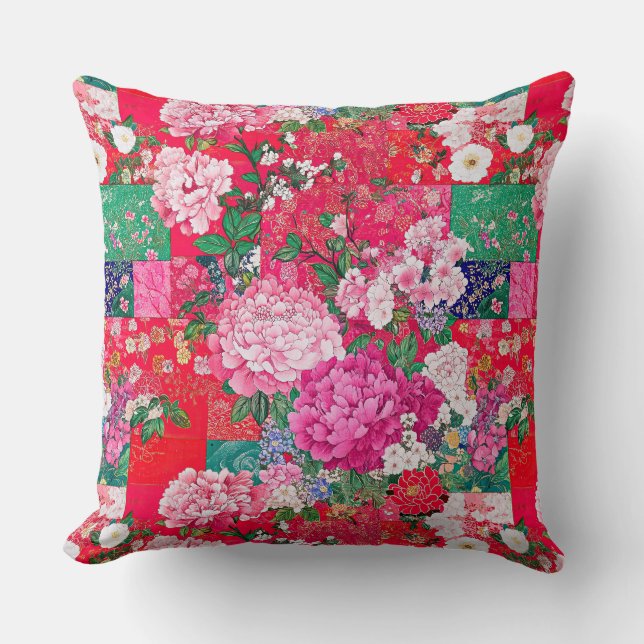 Bright Red Chinoiserie Patchwork Floral Throw Pillow (Front)