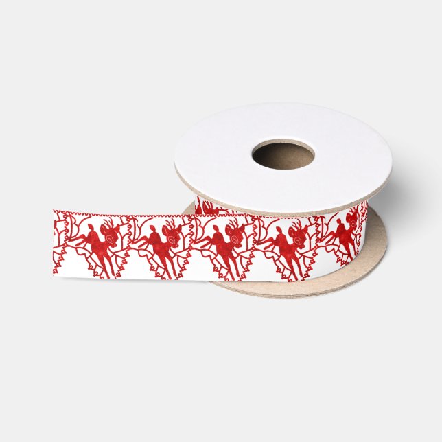 Bright Red Christmas Cute Reindeer Satin Ribbon (Spool)