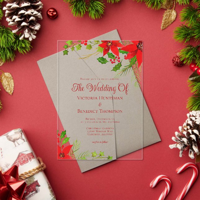 Bright Red Christmas Poinsettia Floral Wedding Acrylic Invitations (Insitu (Holiday))