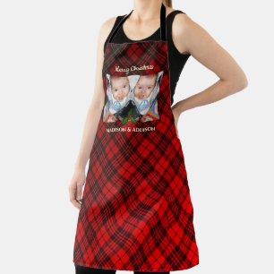 Bright Red Christmas tartan pattern custom photo Apron