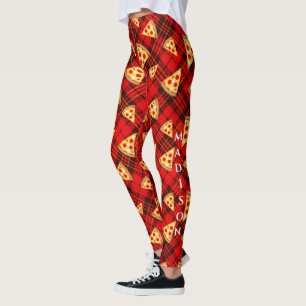 Bright Red Christmas tartan Pizza pattern w text Leggings