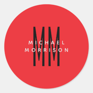 Bright Red Colour Monogram Initial Letters Name Classic Round Sticker