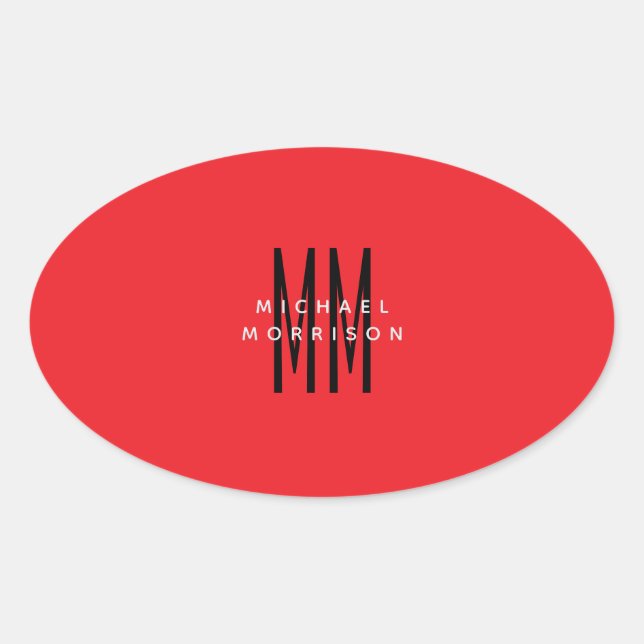 Bright Red Colour Monogram Initial Letters Name Oval Sticker (Front)