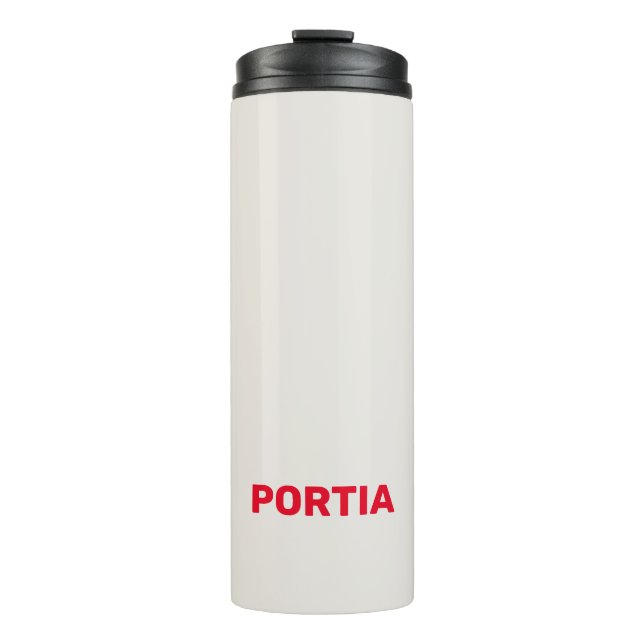 Bright red custom name plain grey thermal tumbler (Front)