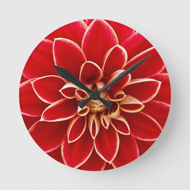 Bright Red Dahlia Flower Round Clock (Front)