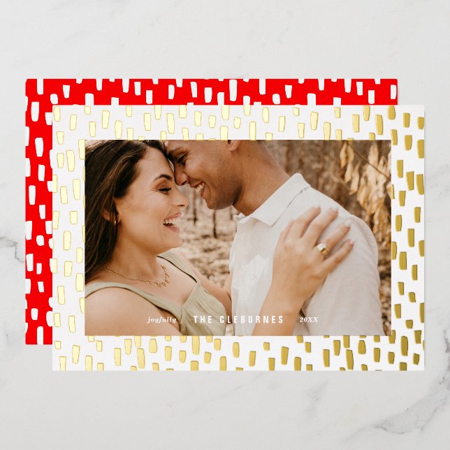 Bright Red Dashing Dots Photo Frame Gold Foil Holiday Card (Front/Back)