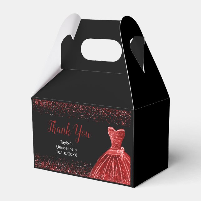 Bright Red Dress Faux Glitter Quinceanera Favor Box (Front Side)