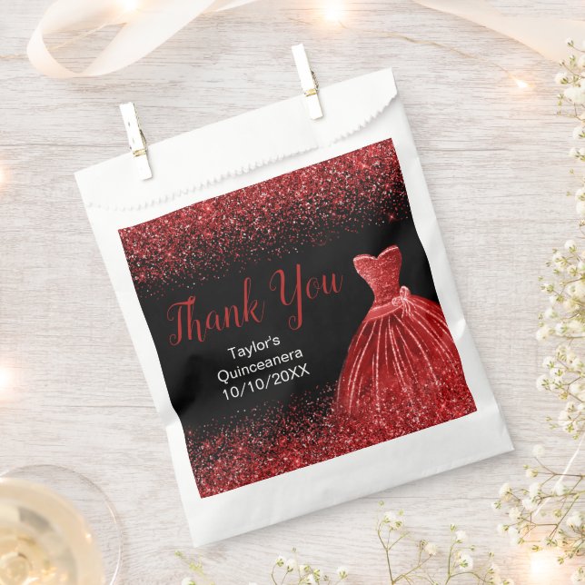 Bright Red Dress Faux Glitter Quinceanera Favour Bag (Clipped)
