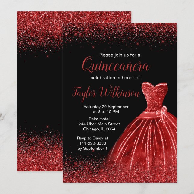 Bright Red Dress Faux Glitter Quinceanera Invitation (Front/Back)