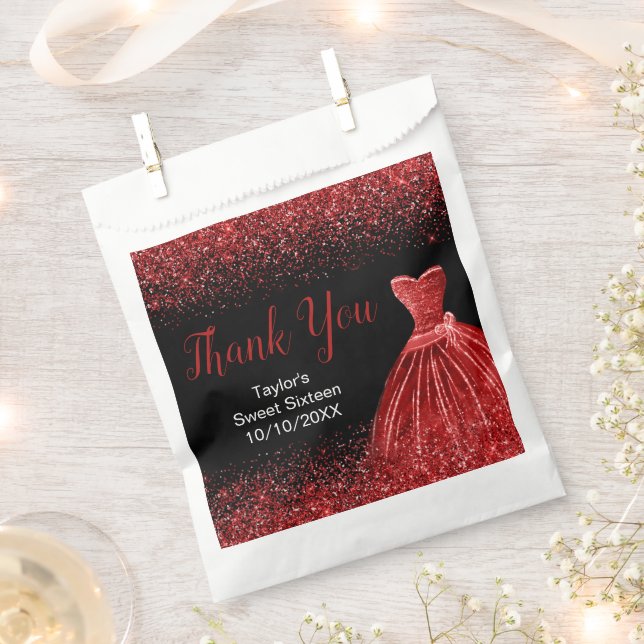Bright Red Dress Faux Glitter Sweet 16 Birthday Favour Bag (Clipped)