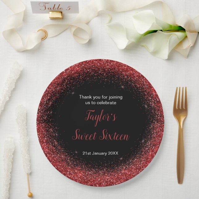 Bright Red Dress Faux Glitter Sweet 16 Birthday Paper Plate (Wedding)