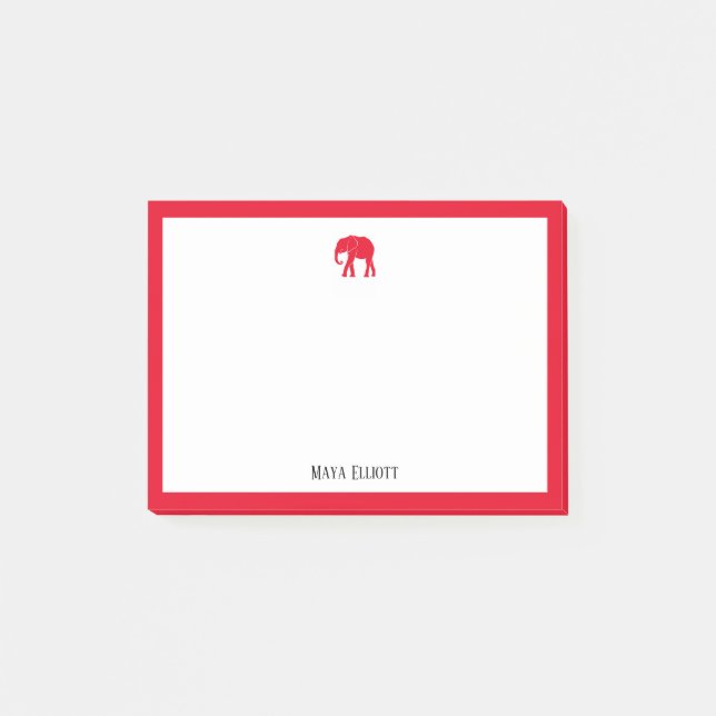 Bright Red Elephant and Border on White with Name Post-it Notes (Front)
