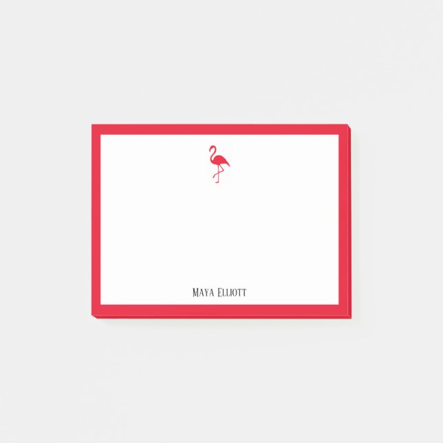 Bright Red Flamingo and Border on White with Name Post-it Notes (Front)