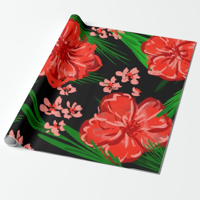 Bright Red Floral Christmas Design Wrapping Paper (Unrolled)