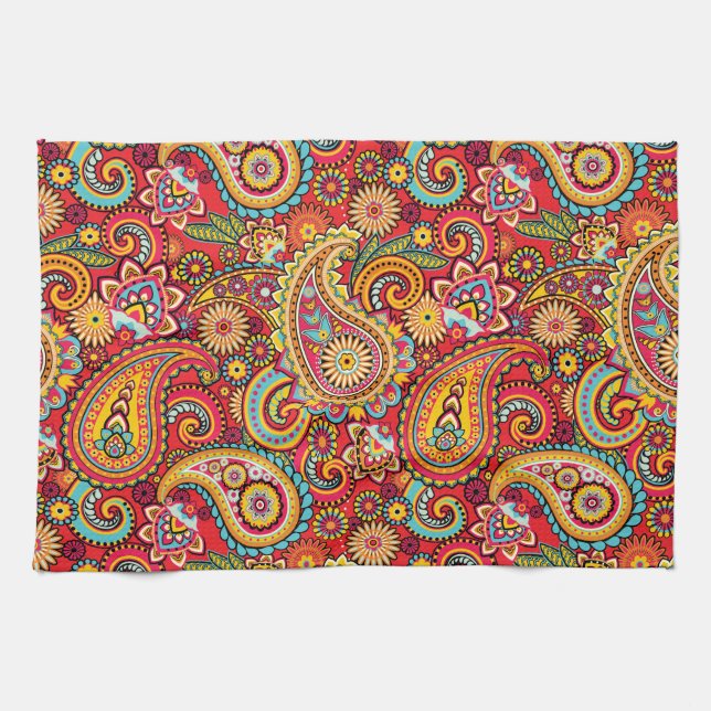Bright Red Floral paisley bohemian pattern Kitchen Towel (Horizontal)