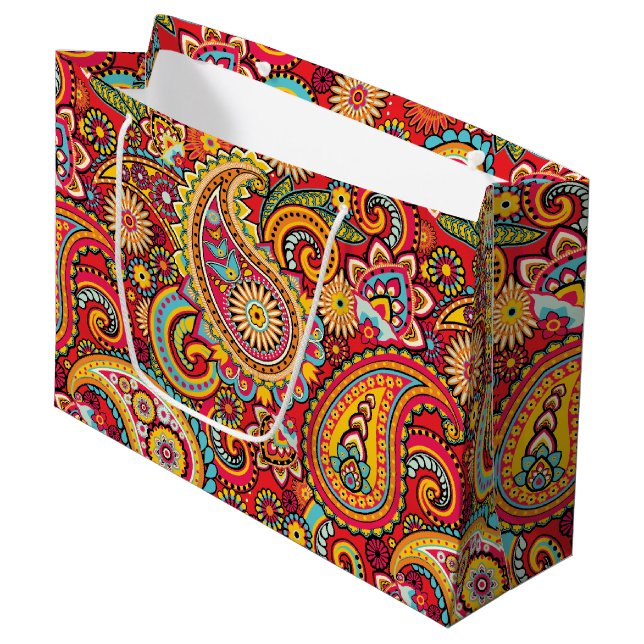 Bright Red Floral paisley bohemian pattern Large Gift Bag (Front Angled)