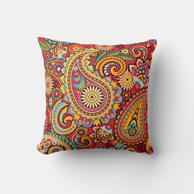 Bright Red Floral paisley bohemian pattern Throw Pillow (Front)
