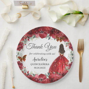 Bright Red Floral Peony Butterflies Gold Princess Paper Plate