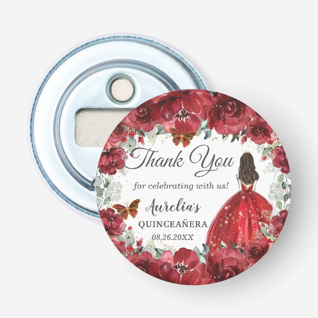 Bright Red Floral Peony Butterflies Princess Favou Bottle Opener (Front)