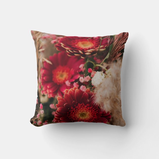 Bright Red Floral Throw Pillow (Front)
