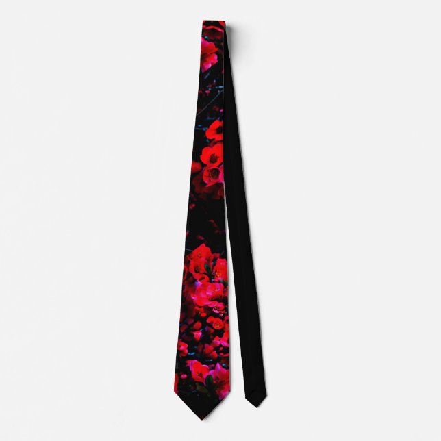 Bright  red flower blossoms on black tie (Front)