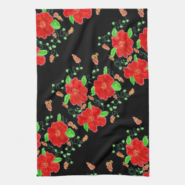 Bright red Flowered Kitchen Towel (Vertical)