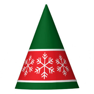 Bright Red Forest Green Stripes White Snowflakes Party Hat