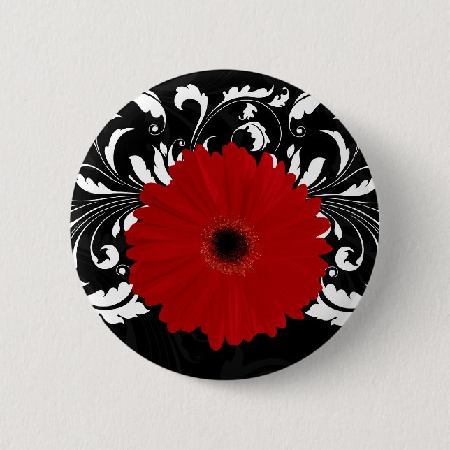 Bright Red Gerbera Daisy on Black 2 Inch Round Button (Front)