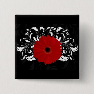 Bright Red Gerbera Daisy on Black 2 Inch Square Button