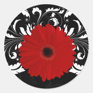 Bright Red Gerbera Daisy on Black Classic Round Sticker