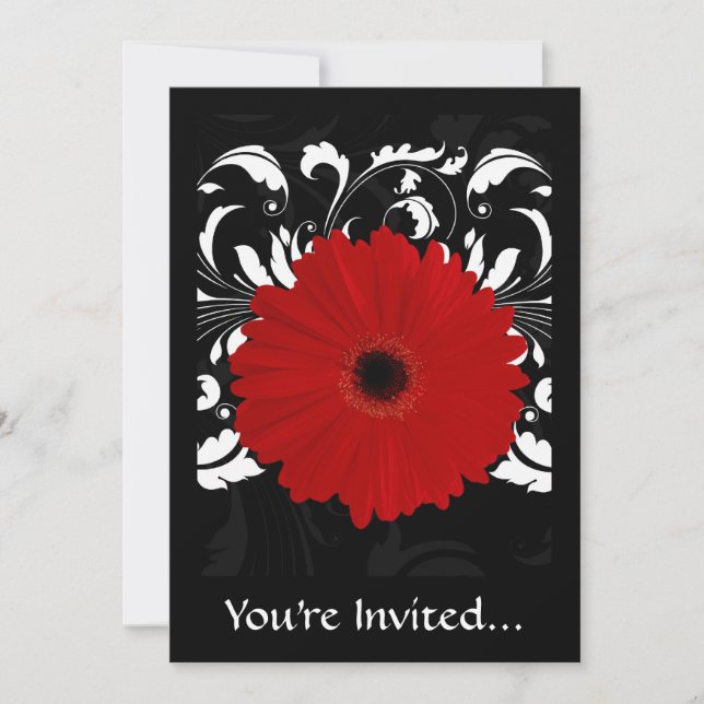 Bright Red Gerbera Daisy on Black Invitation (Front)