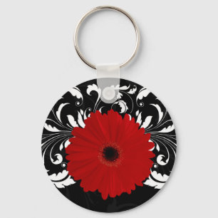 Bright Red Gerbera Daisy on Black Keychain