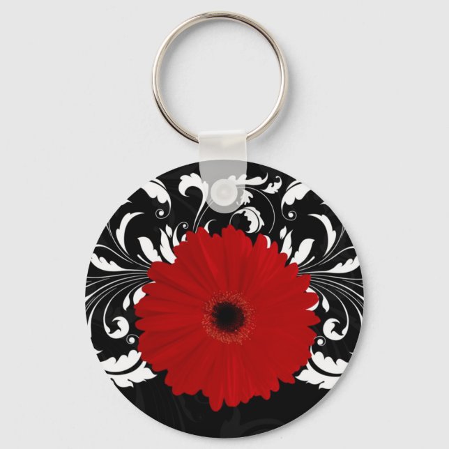 Bright Red Gerbera Daisy on Black Keychain (Front)