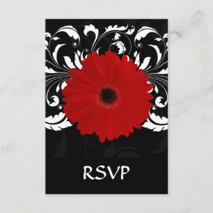 Bright Red Gerbera Daisy on Black RSVP Card