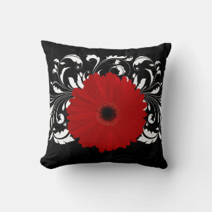 Bright Red Gerbera Daisy on Black Throw Pillow