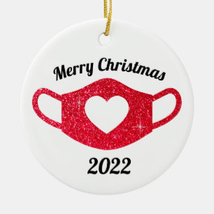 Bright Red Glitter Sparkly Heart Face Mask 2020 Ceramic Ornament