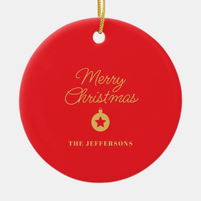 Bright Red & Gold Colors Merry Christmas Ceramic Ornament (Front)