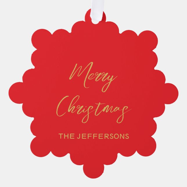 Bright Red & Gold Colours Merry Christmas Ornament Card (Front)