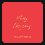 Bright Red & Gold Colours Merry Christmas Square Sticker<br><div class="desc">Represent yourself with this modern,  elegant design. This template can be customized to meet all professional occupations.</div>