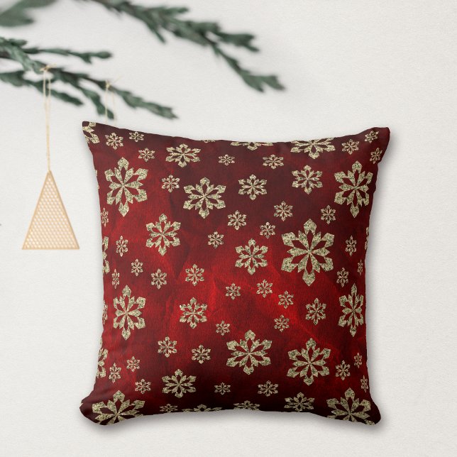 Bright Red Gold Snowflake Throw Pillow (Creator Uploaded)