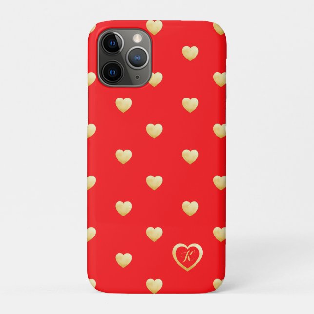 Bright Red Golden Monogram Hearts on Red Case-Mate iPhone Case (Back)