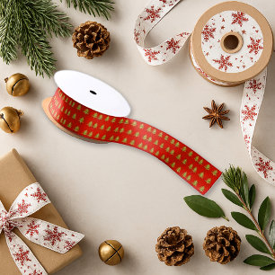 Bright Red Green Tree Pattern Christmas Satin Ribbon