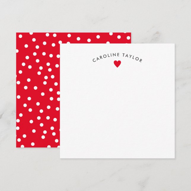 Bright Red Heart & Dots Cute Girly Note Card (Front/Back)